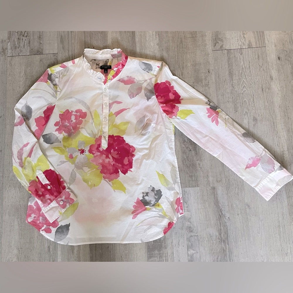 Talbots Women Floral Tunic w/Ruffle Band Collar and Roll Up Sleeves Small Petite